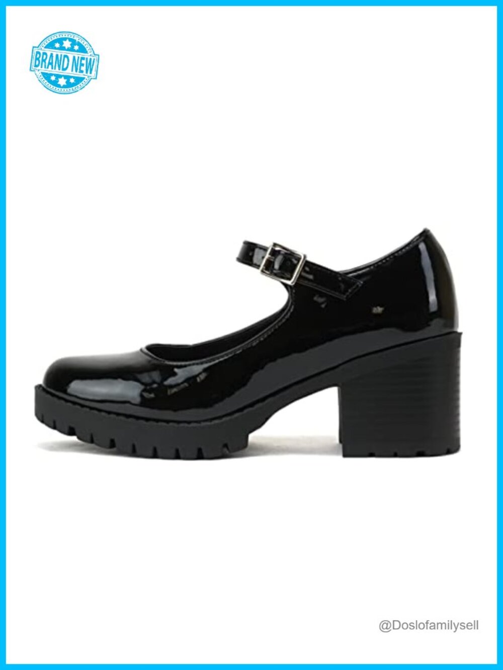 Mary Jane Chunky Block Heel Lug Sole Pump Adjustable Strap Round Toe